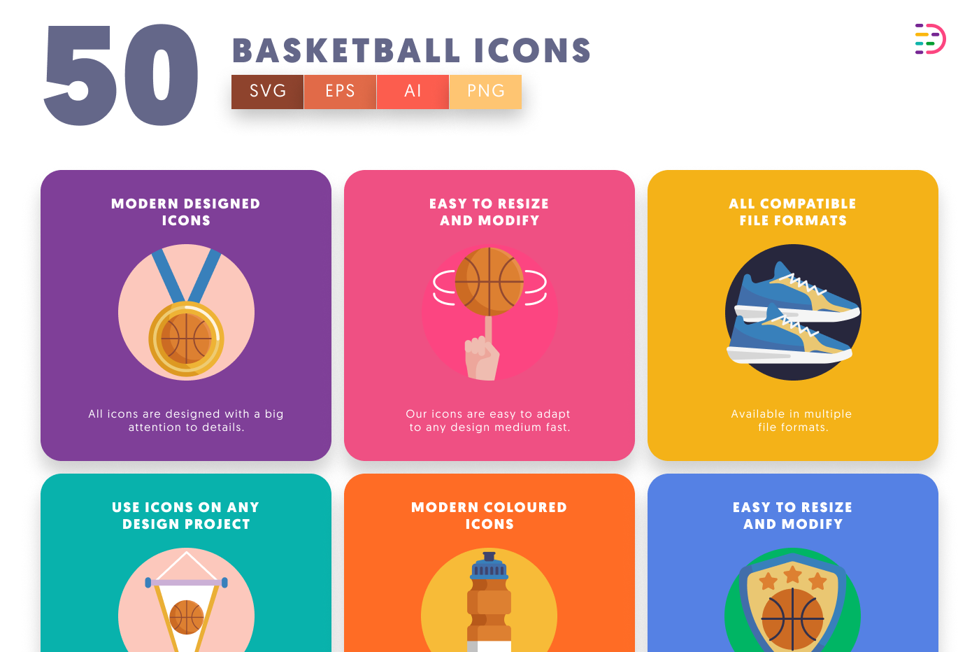 50 Basketball Icons preview 5 – flat circle icons in PNG, SVG and EPS
