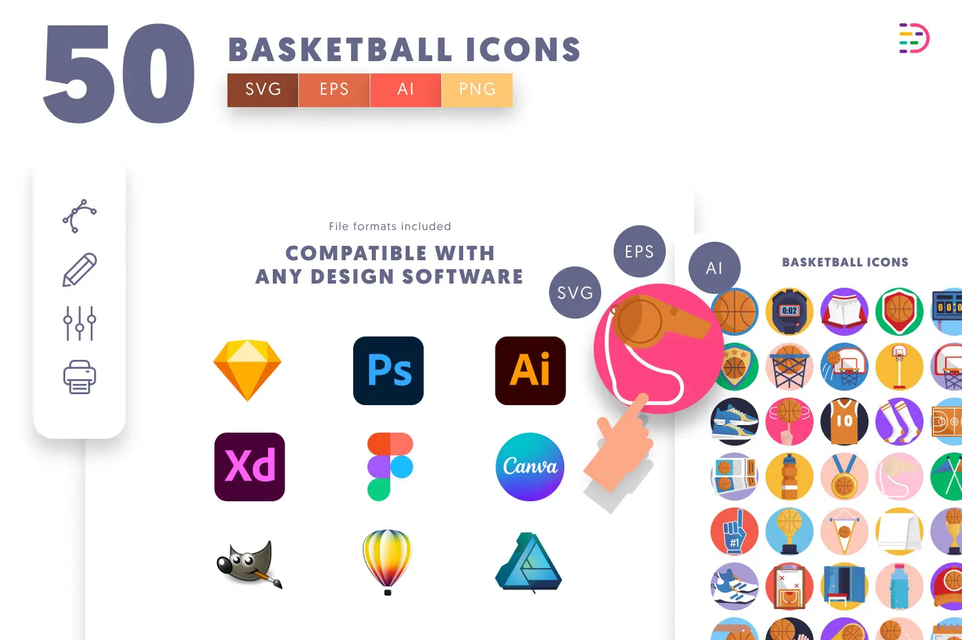 50 Basketball Icons preview 8 – flat circle icons in PNG, SVG and EPS