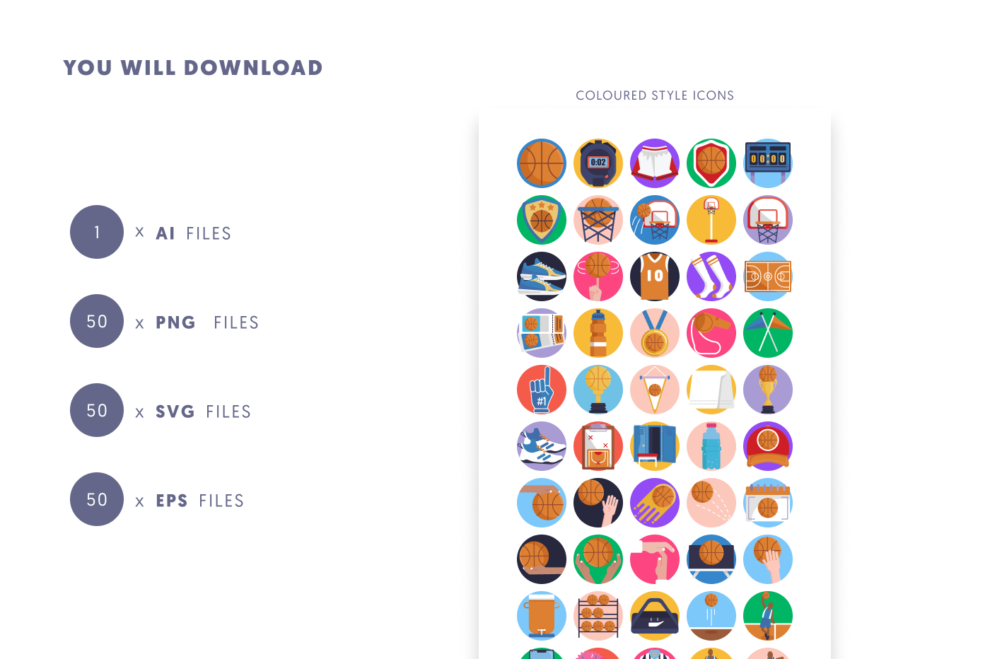 50 Basketball Icons preview 9 – flat circle icons in PNG, SVG and EPS