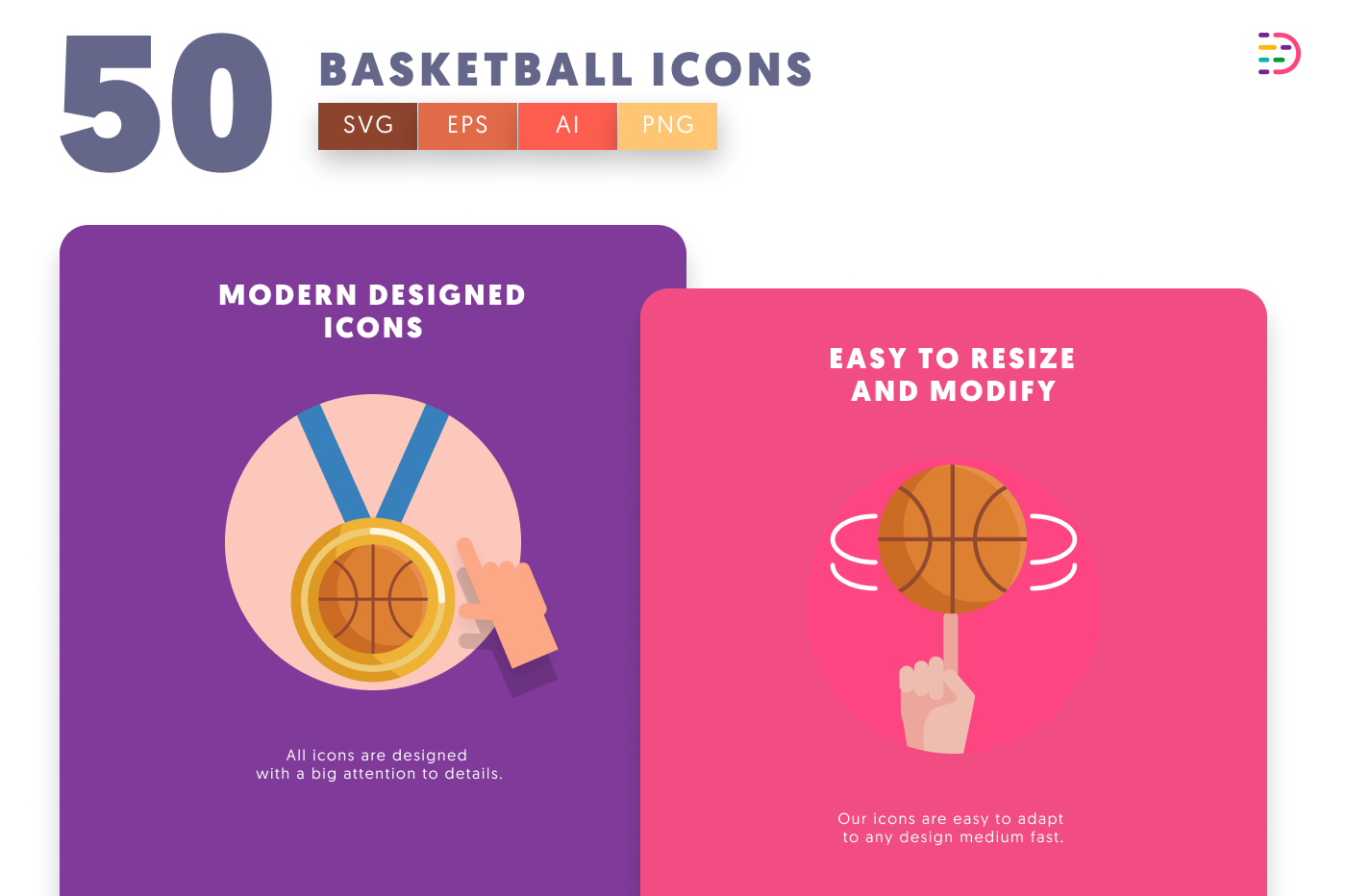 50 Basketball Icons cover – flat circle icons in PNG, SVG and EPS