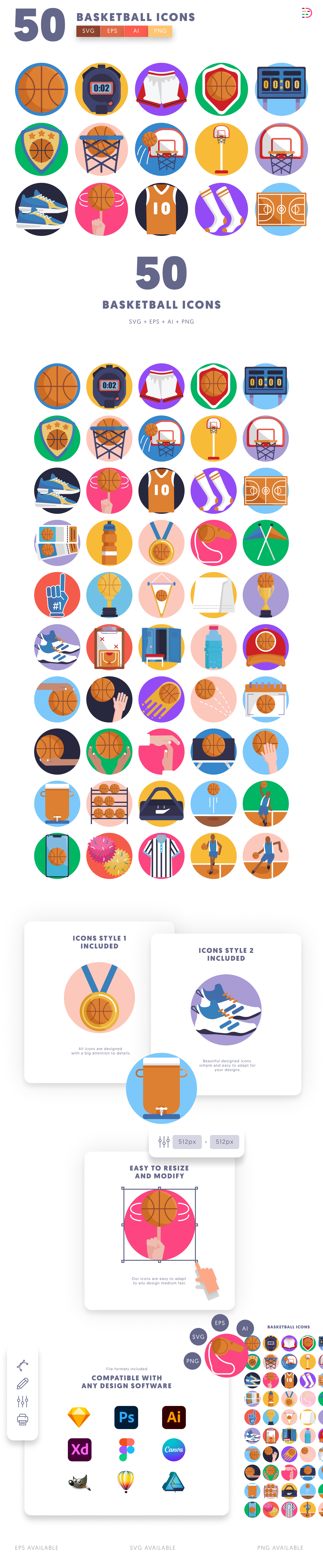 50 Basketball Icons cover – flat circle icons in PNG, SVG and EPS