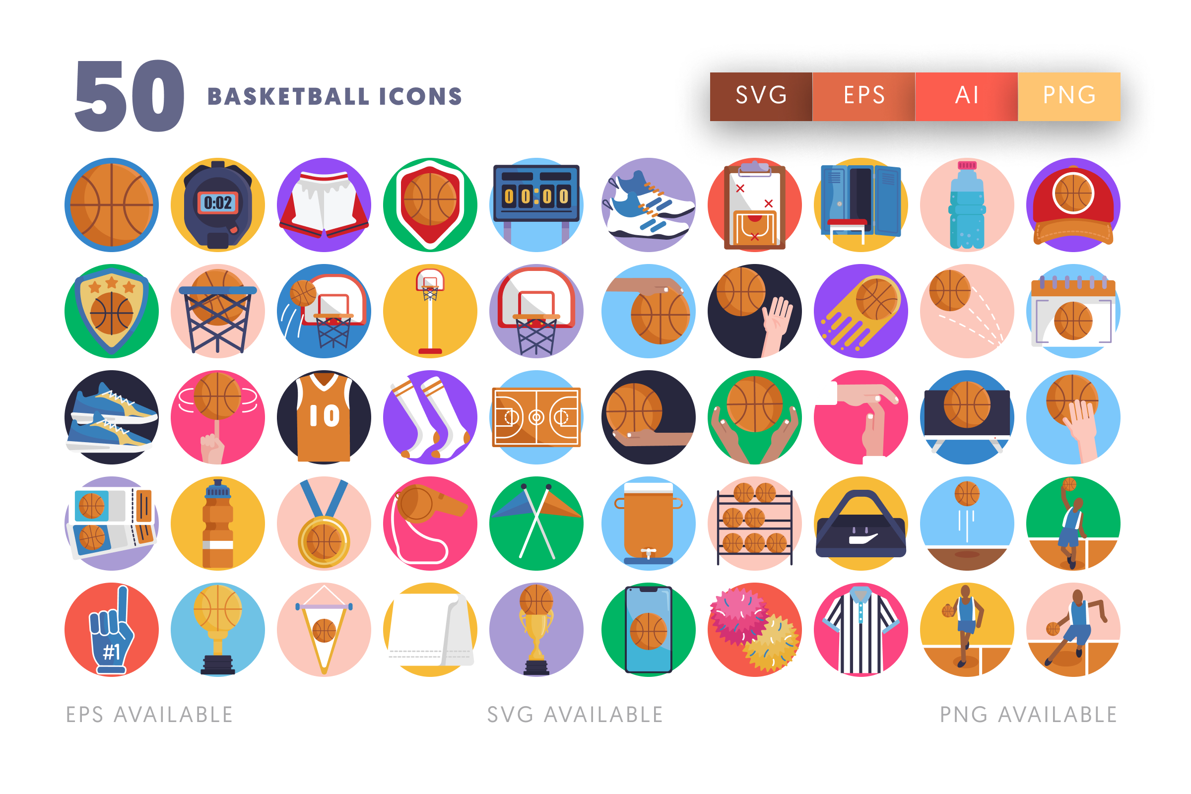 50 Basketball Icons – flat circle icon set