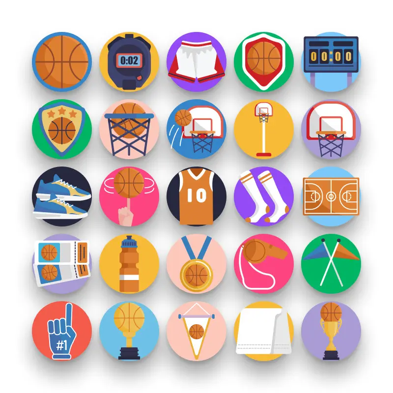 50 Basketball Icons – set of colorful flat circle icons