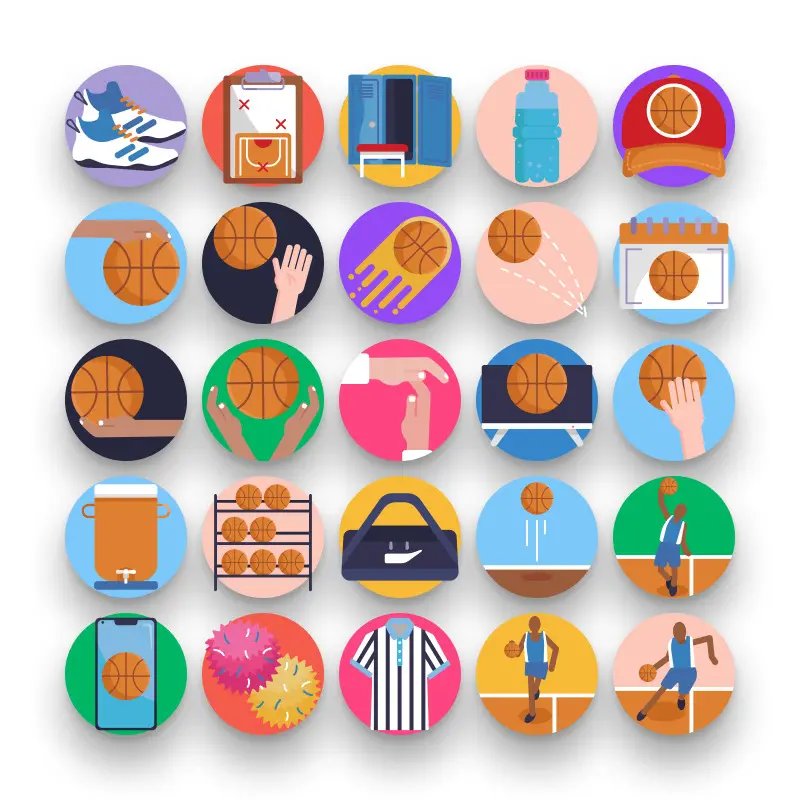 50 Basketball Icons – set of colorful flat circle icons