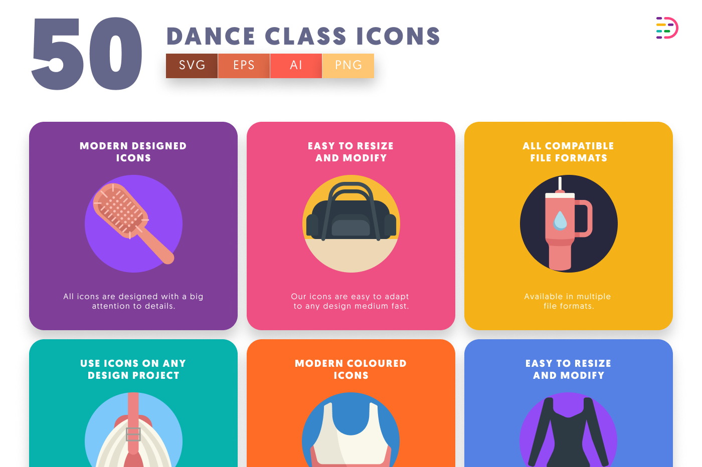 50 Dance Class Icons preview 5 – flat circle icons in PNG, SVG and EPS