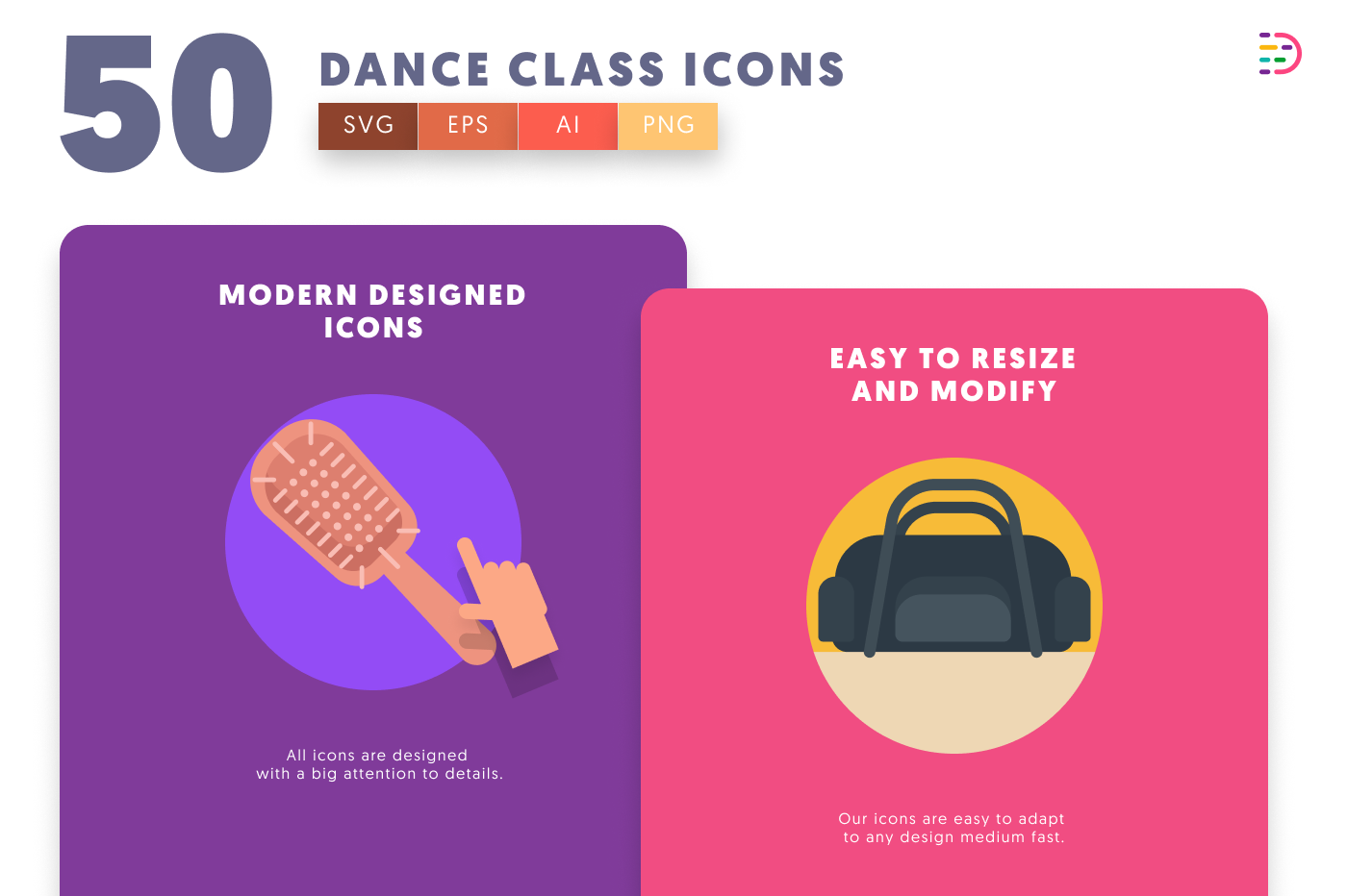 50 Dance Class Icons cover – flat circle icons in PNG, SVG and EPS