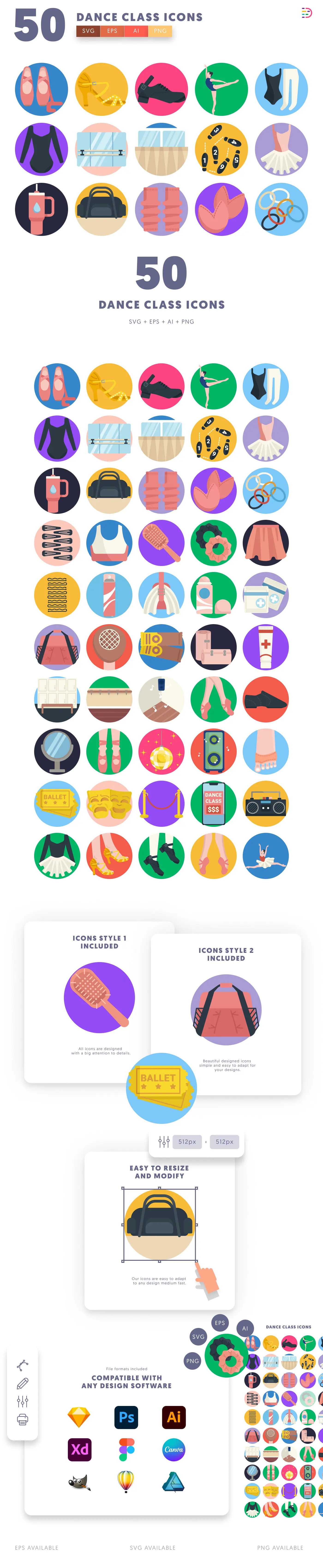 50 Dance Class Icons cover – flat circle icons in PNG, SVG and EPS