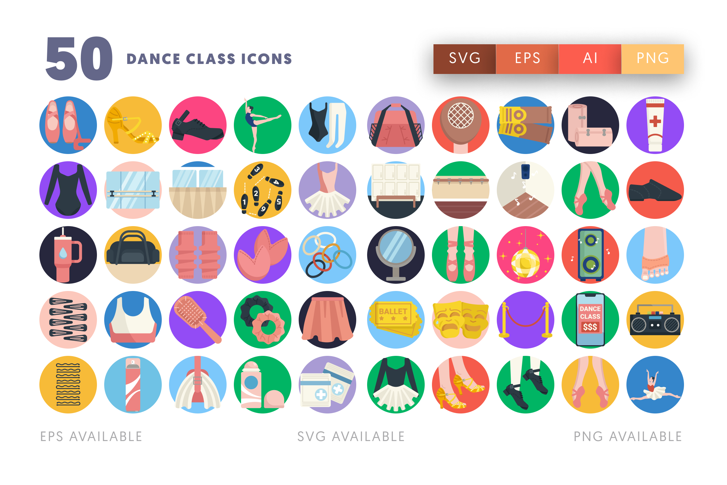 50 Dance Class Icons – flat circle icon set