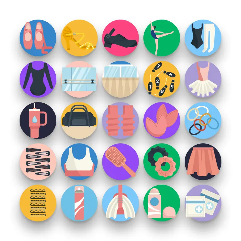 50 Dance Class Icons – set of colorful flat circle icons
