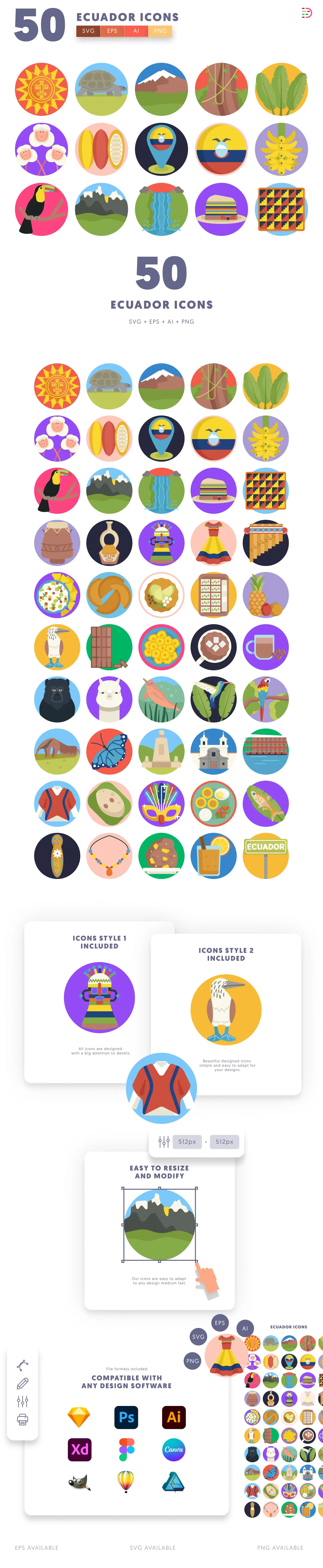 50 Ecuador Icons cover – flat circle icons in PNG, SVG and EPS
