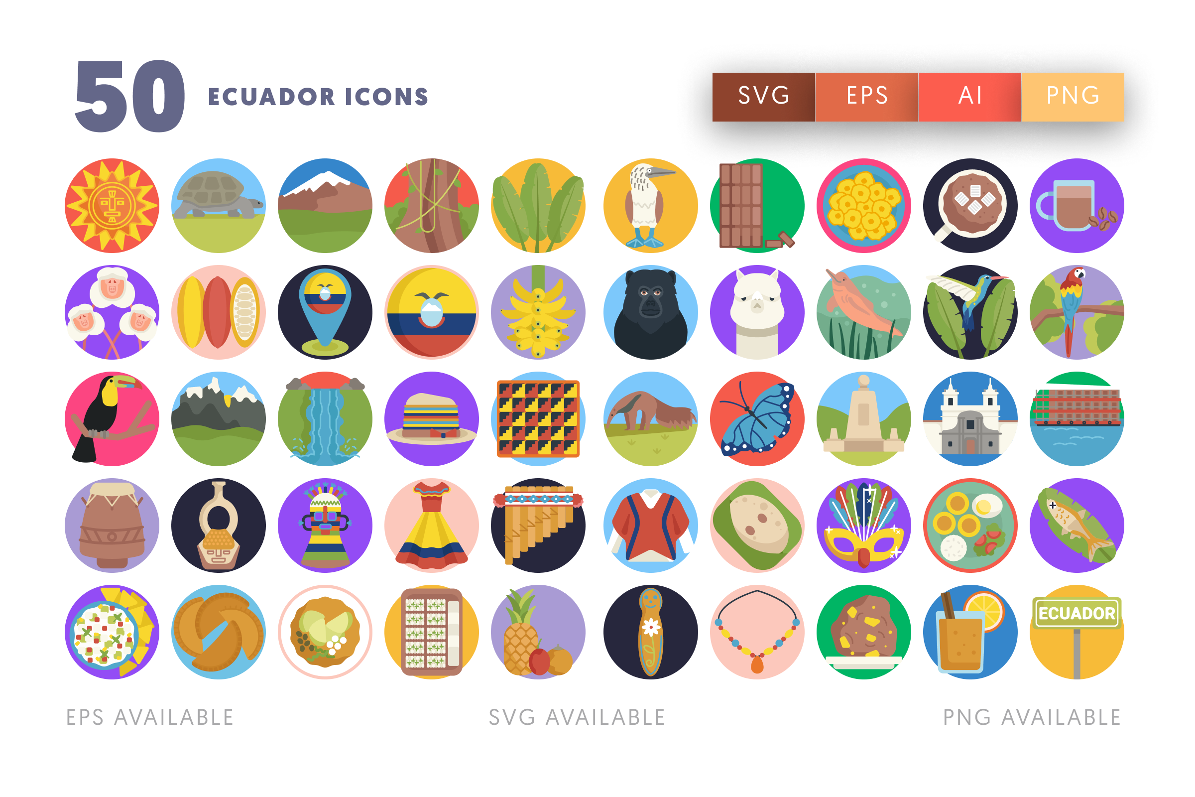 50 Ecuador Icons – flat circle icon set