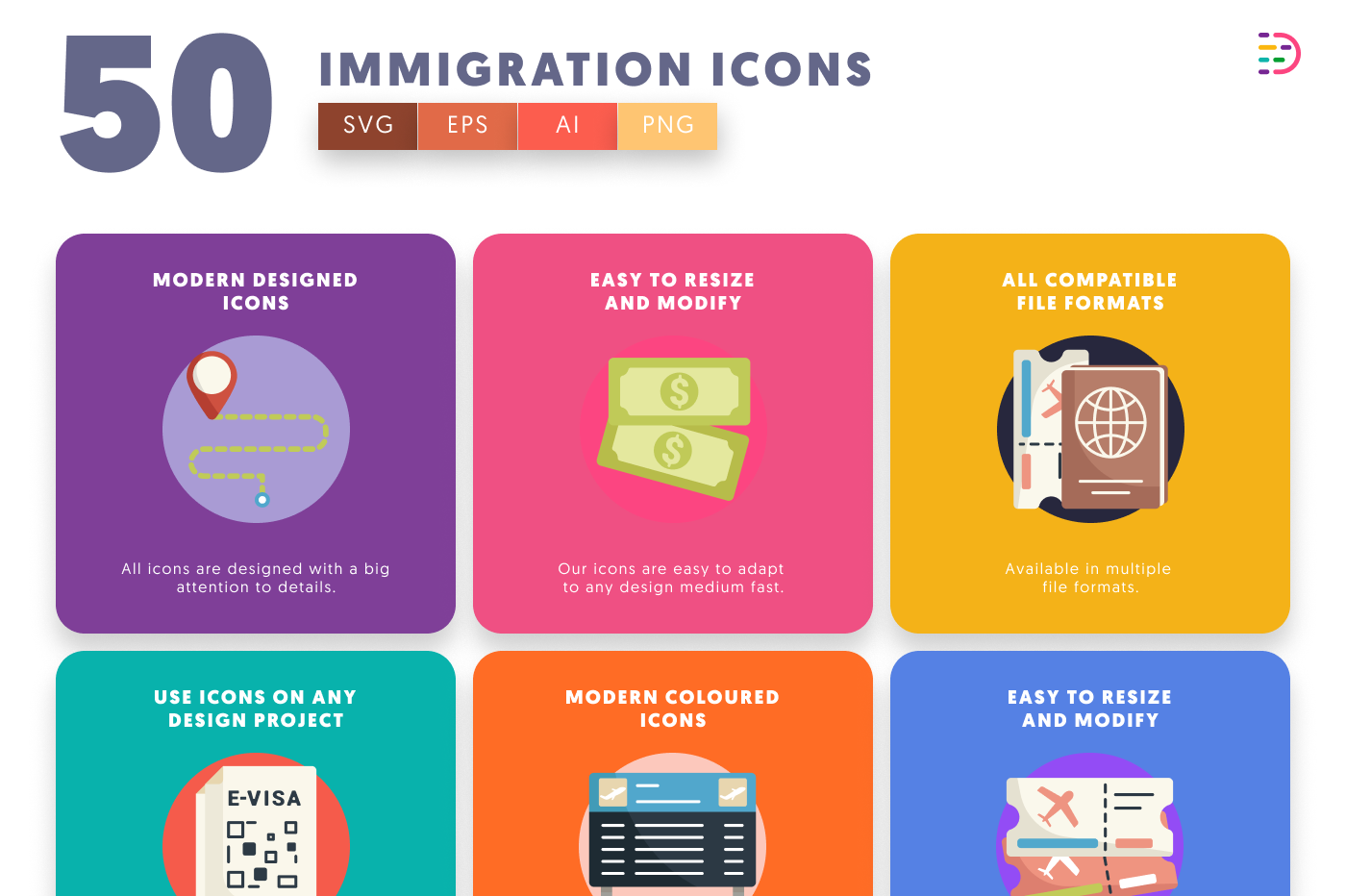 50 Immigration Icons preview 5 – flat circle icons in PNG, SVG and EPS