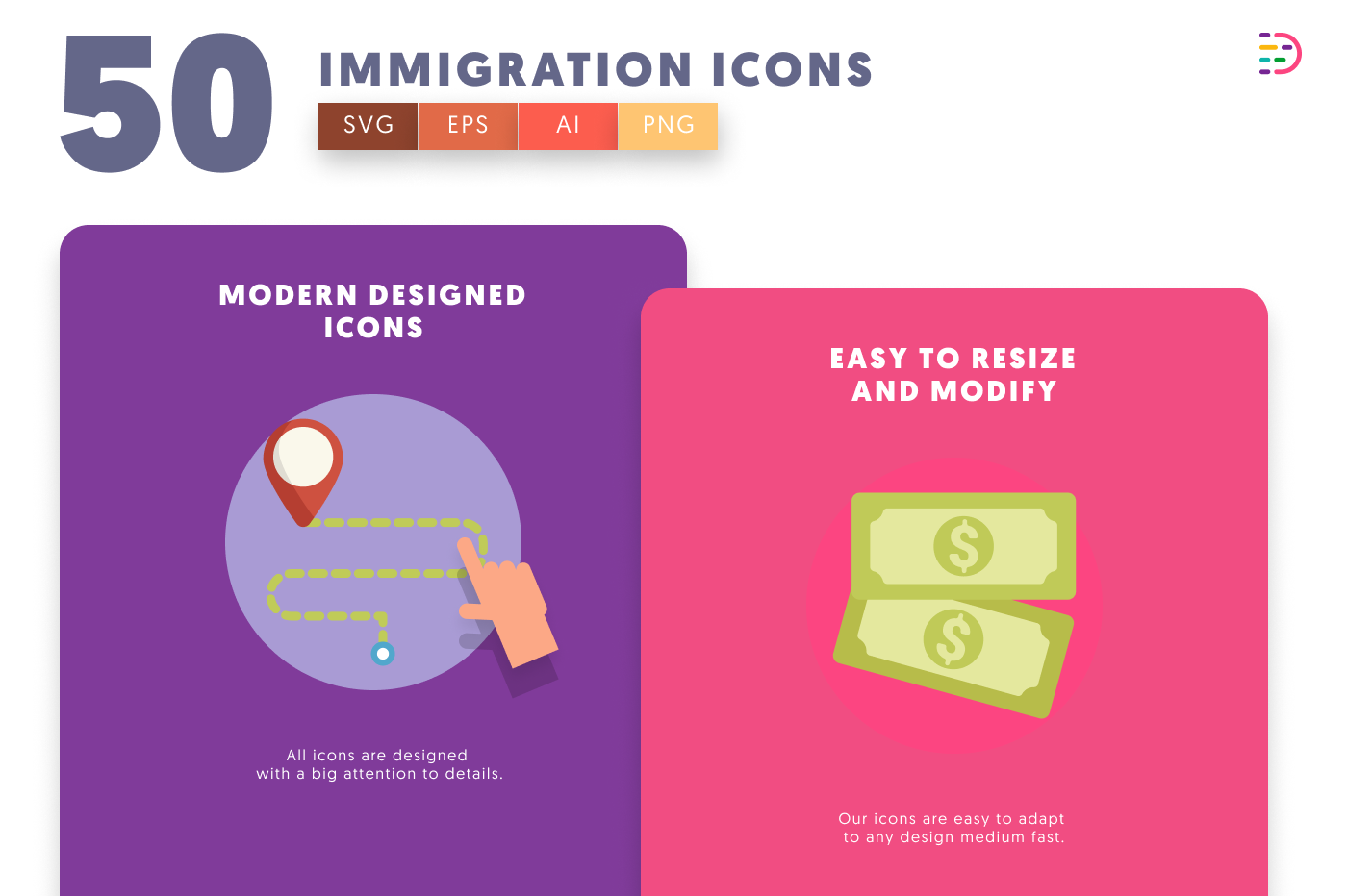 50 Immigration Icons cover – flat circle icons in PNG, SVG and EPS