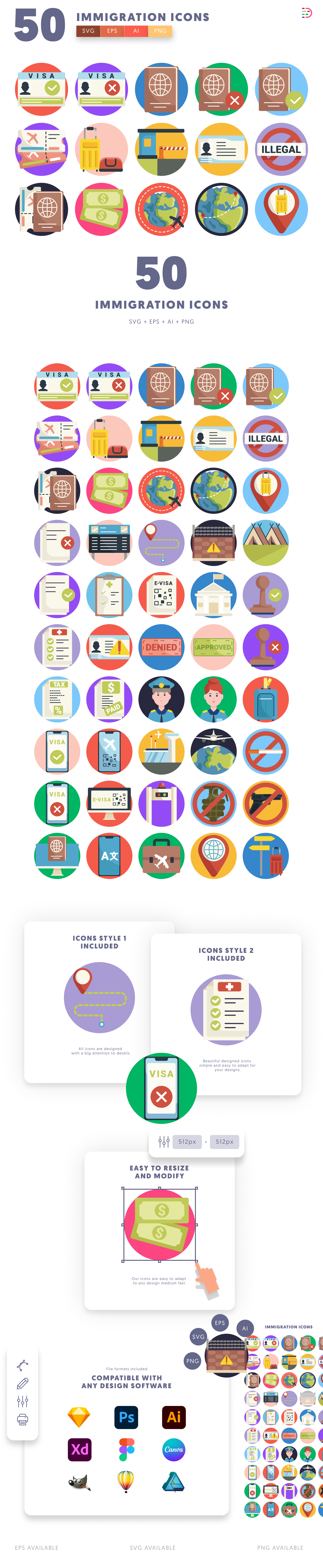 50 Immigration Icons cover – flat circle icons in PNG, SVG and EPS