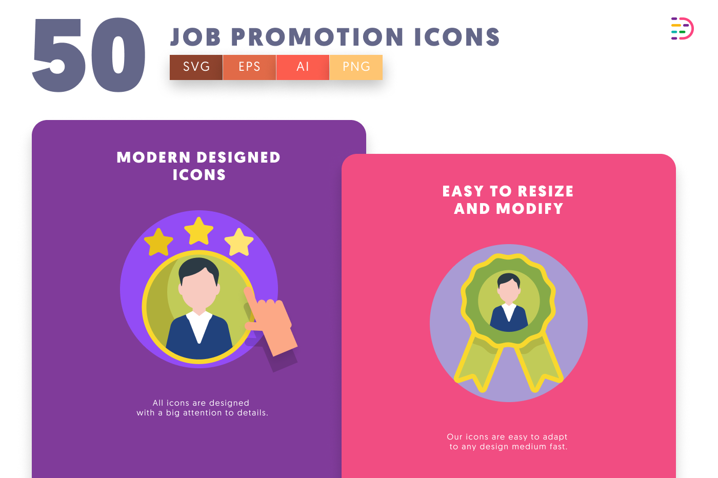 50 Job Promotion Icons cover – flat circle icons in PNG, SVG and EPS
