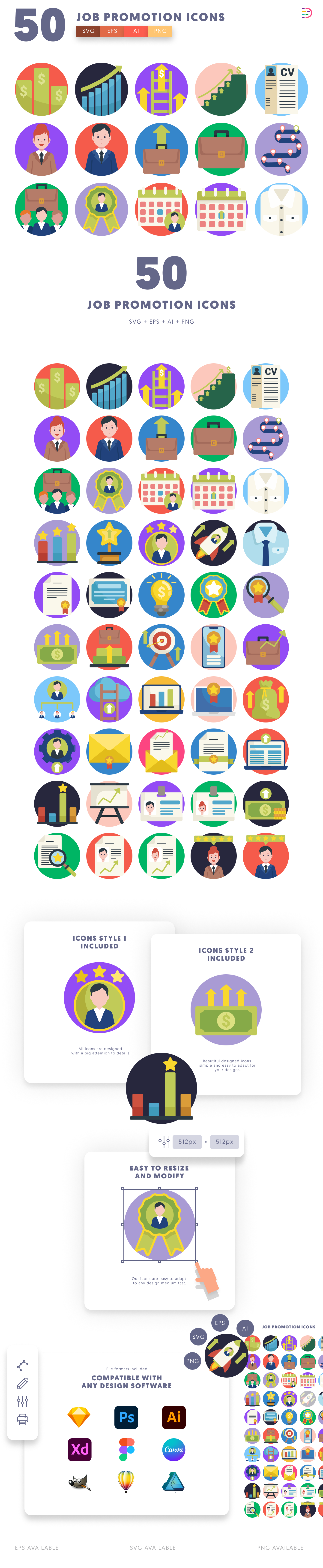 50 Job Promotion Icons cover – flat circle icons in PNG, SVG and EPS