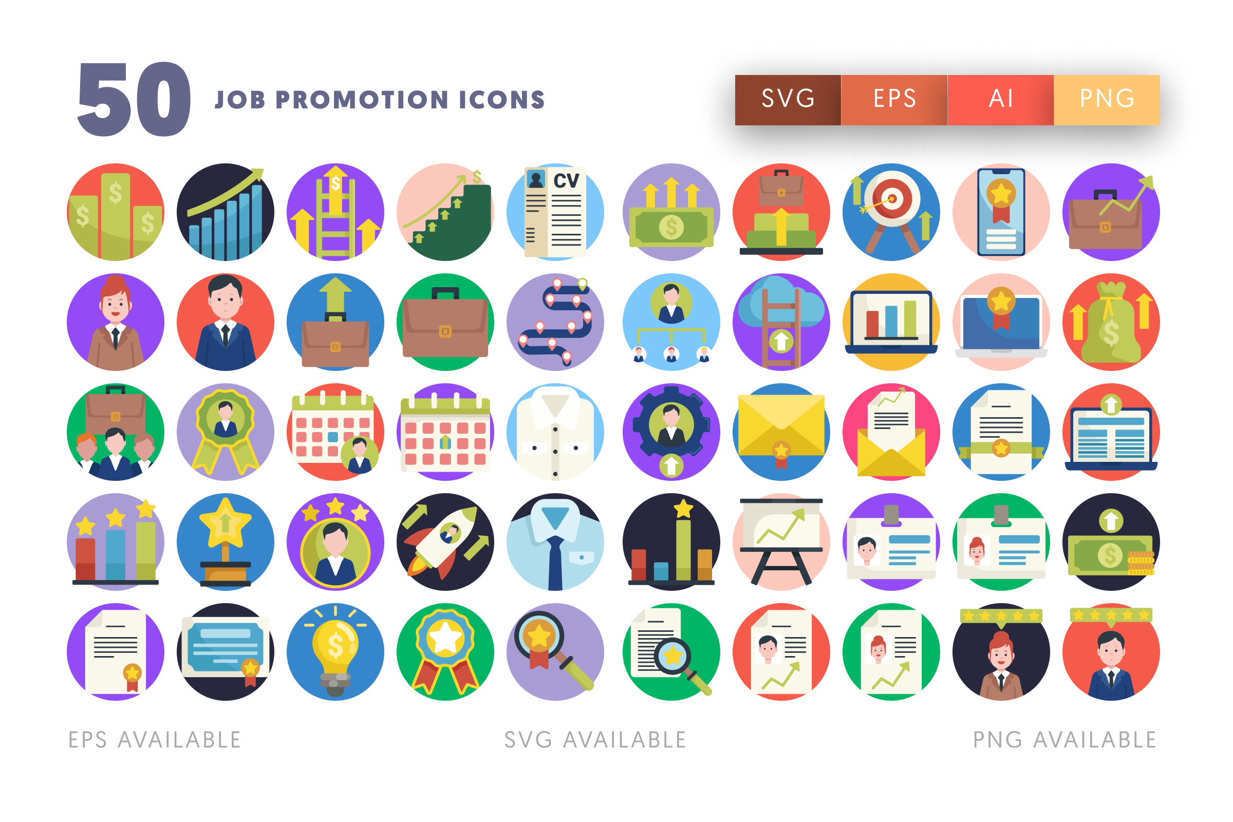 50 Job Promotion Icons – flat circle icon set