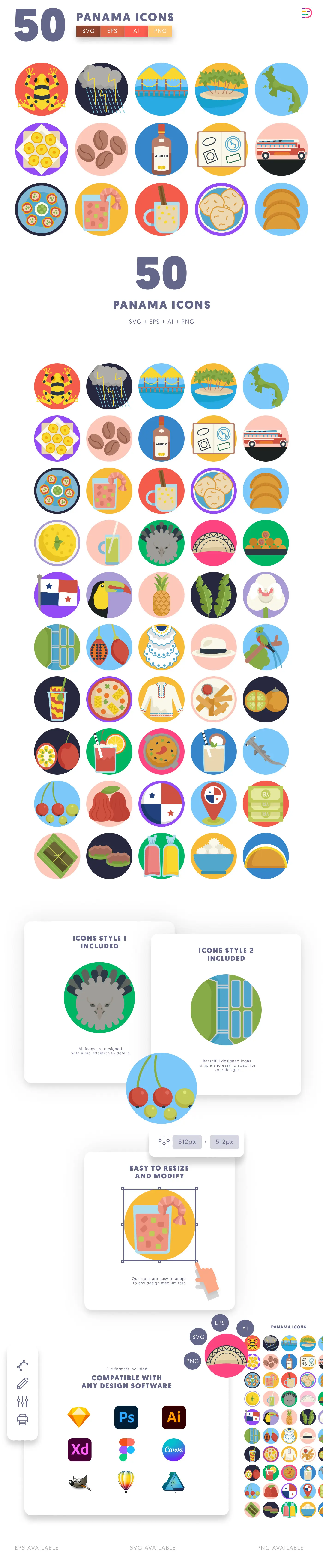 50 Panama Icons cover – flat circle icons in PNG, SVG and EPS