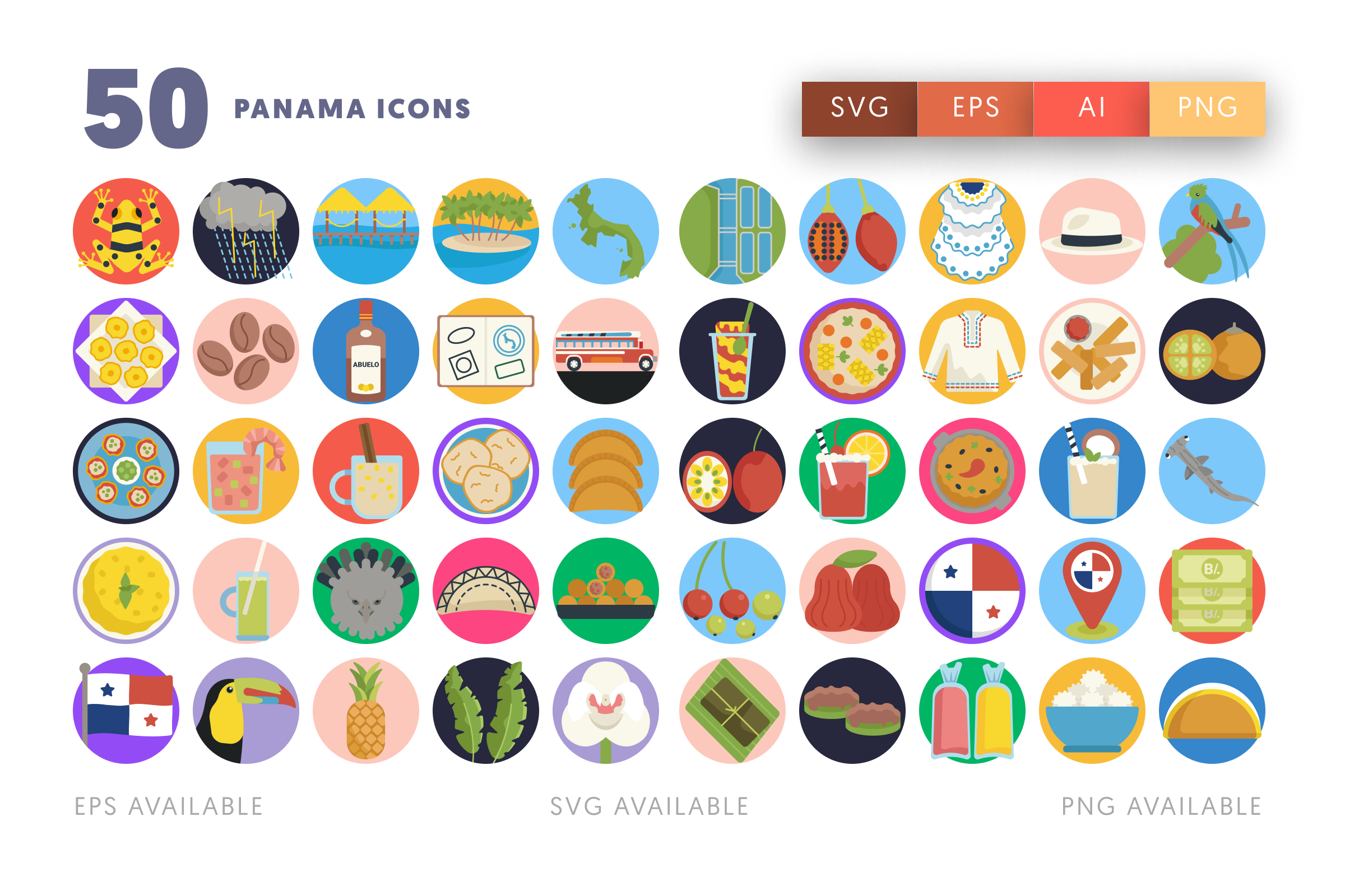 50 Panama Icons – flat circle icon set
