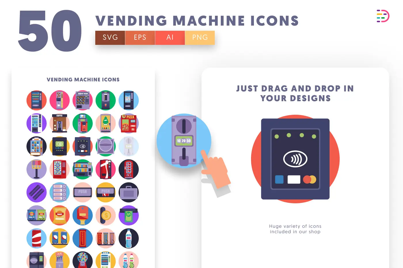 50 Vending Machine Icons preview 1 – flat circle icons in PNG, SVG and EPS
