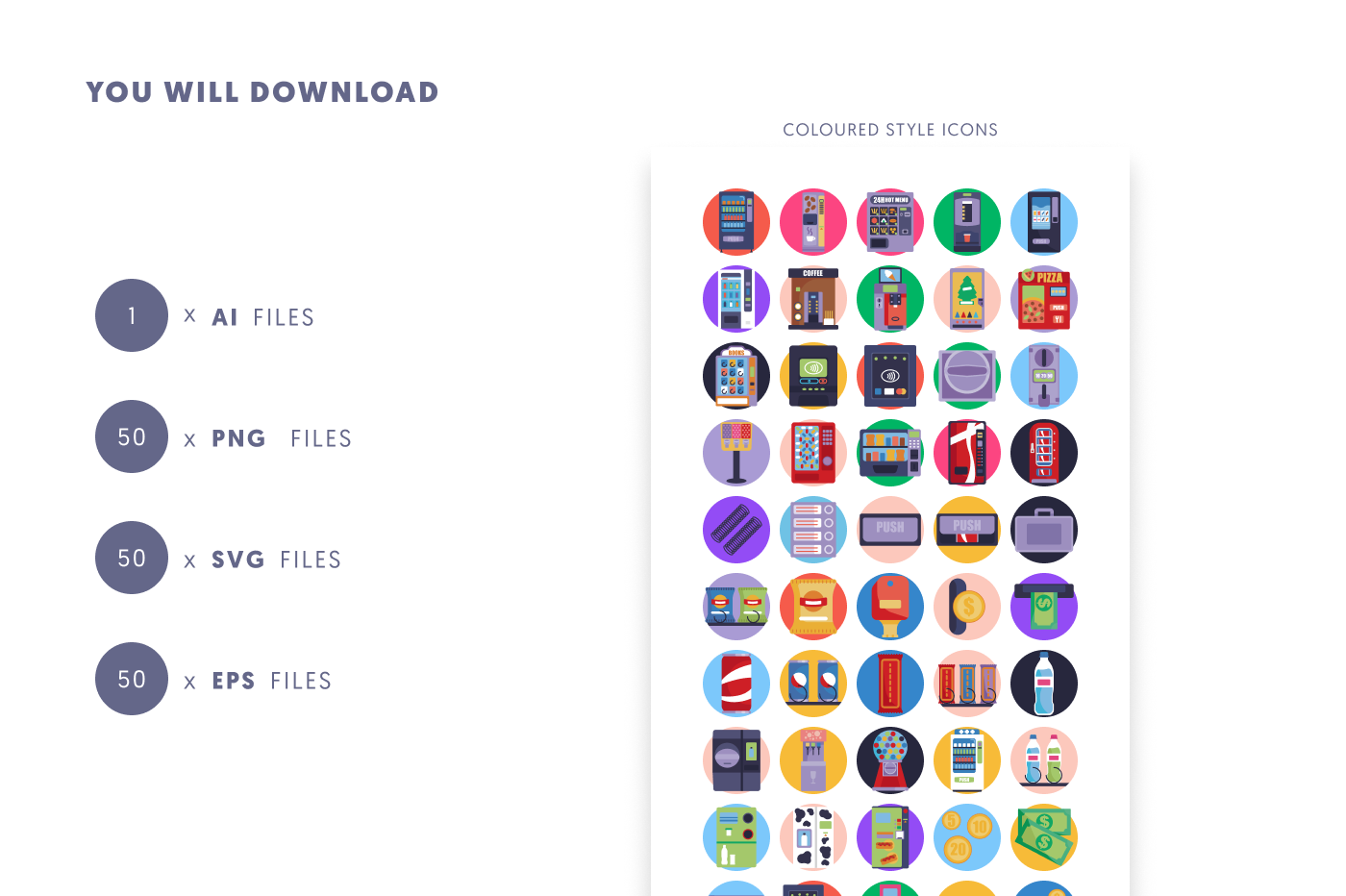 50 Vending Machine Icons preview 9 – flat circle icons in PNG, SVG and EPS