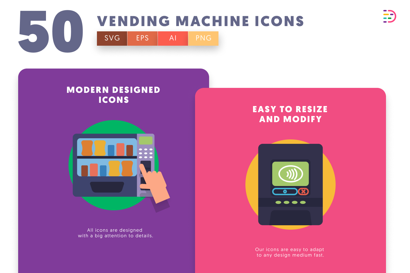 50 Vending Machine Icons cover – flat circle icons in PNG, SVG and EPS