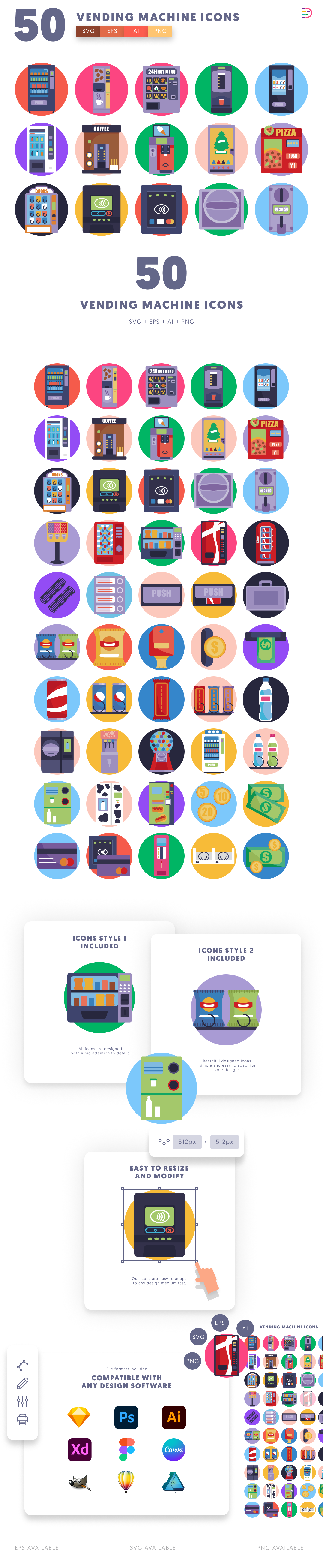 50 Vending Machine Icons cover – flat circle icons in PNG, SVG and EPS