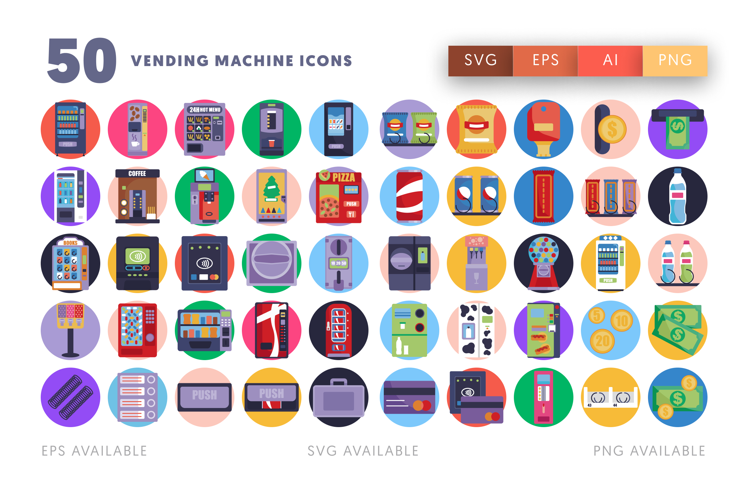50 Vending Machine Icons – flat circle icon set