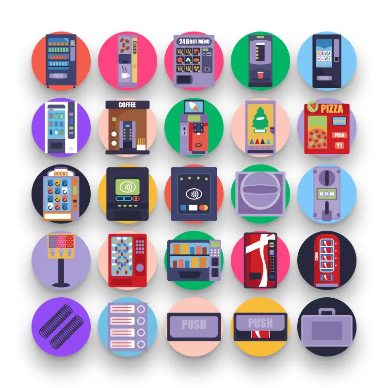 50 Vending Machine Icons – set of colorful flat circle icons