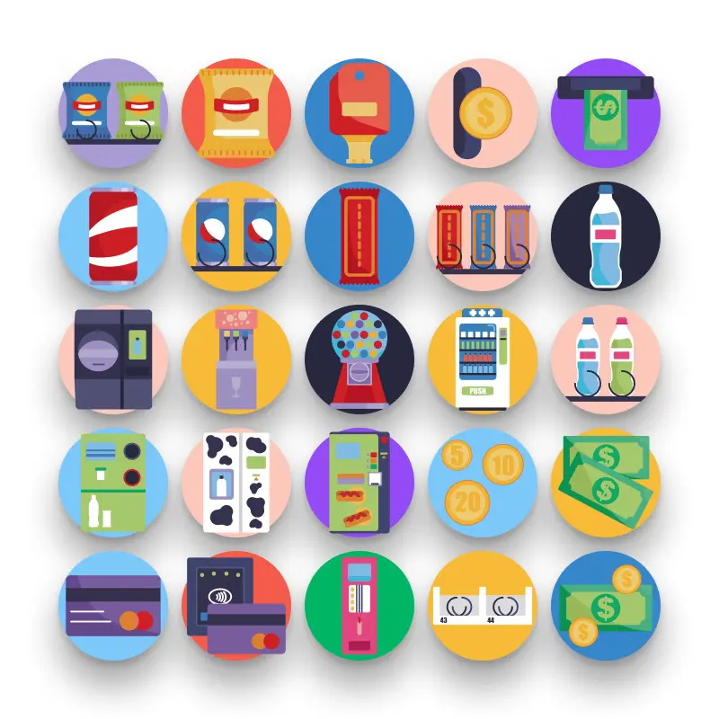50 Vending Machine Icons – set of colorful flat circle icons