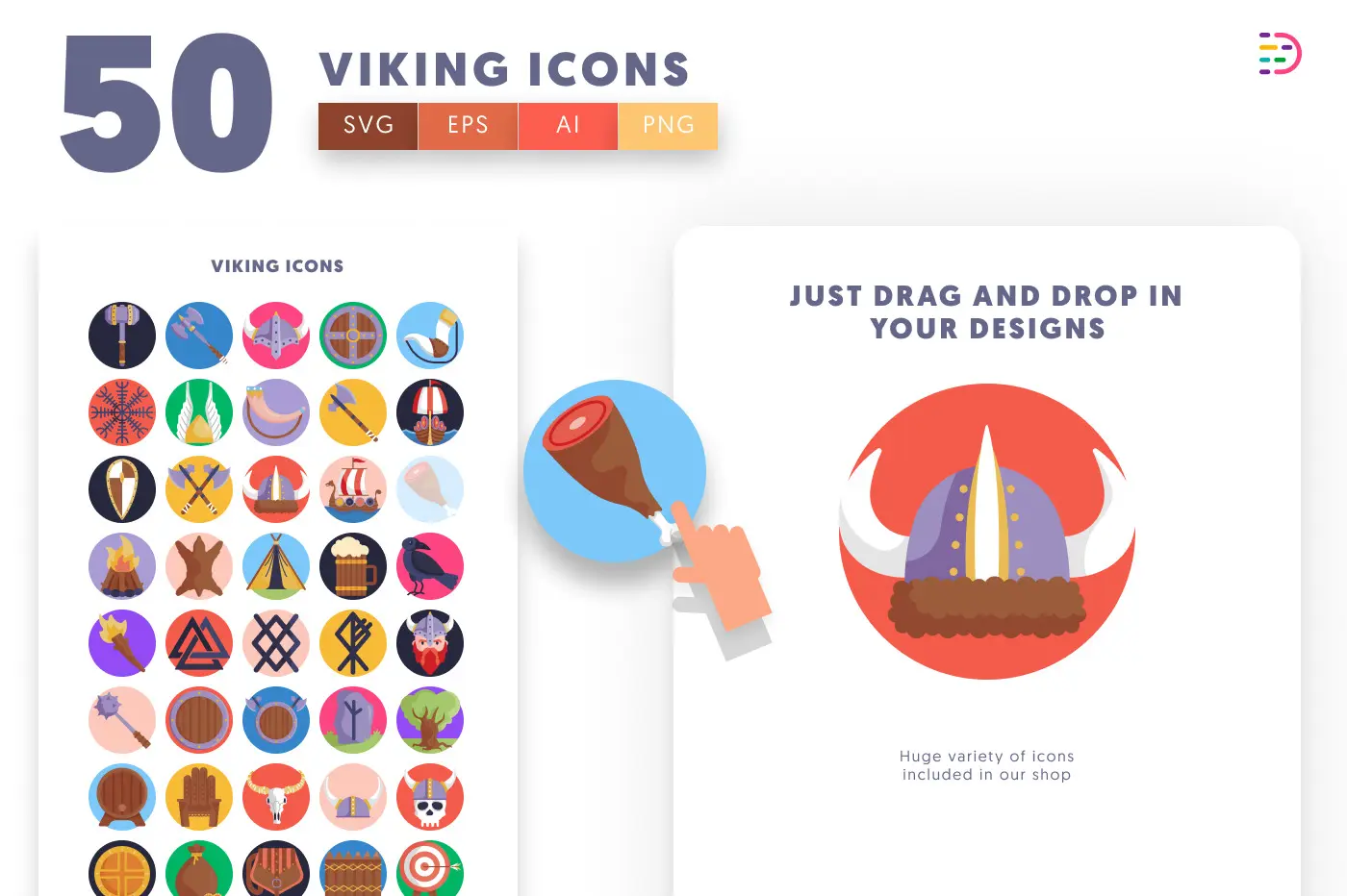 50 Viking Icons preview 1 – flat circle icons in PNG, SVG and EPS