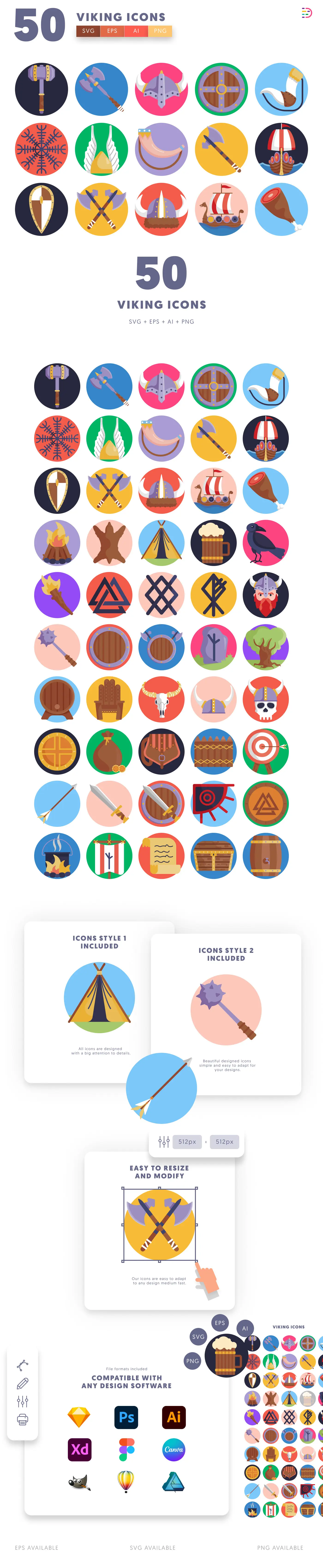 50 Viking Icons cover – flat circle icons in PNG, SVG and EPS