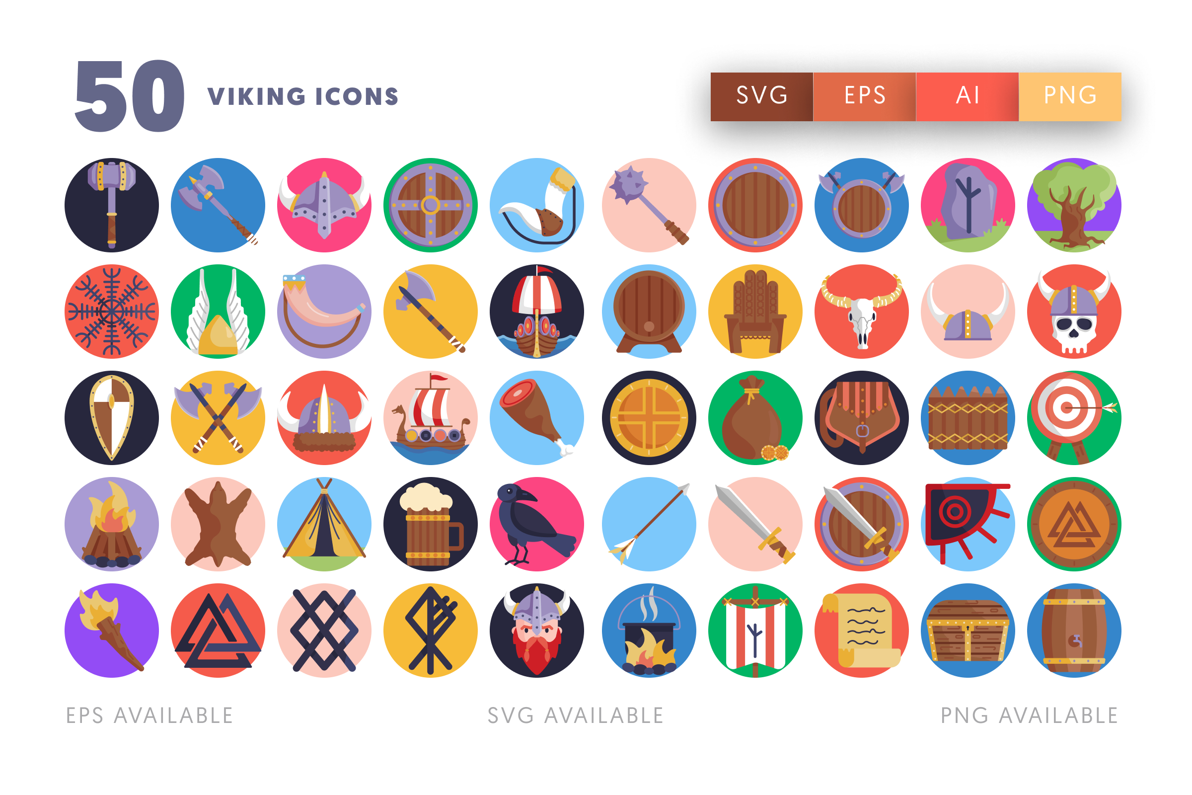 50 Viking Icons – flat circle icon set