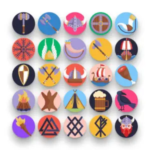 50 Viking Icons – set of colorful flat circle icons