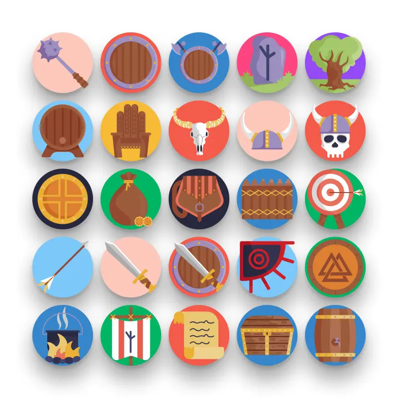 50 Viking Icons – set of colorful flat circle icons
