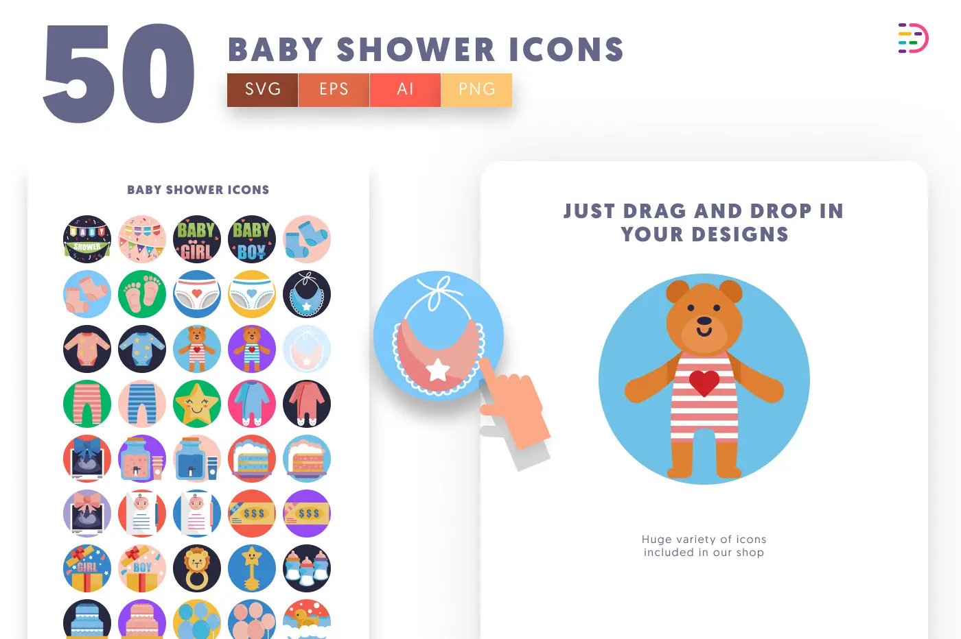 50 Baby Shower Icons preview 1 – flat circle icons in PNG, SVG and EPS