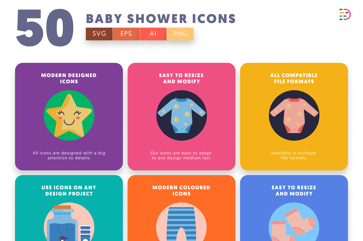 50 Baby Shower Icons preview 5 – flat circle icons in PNG, SVG and EPS
