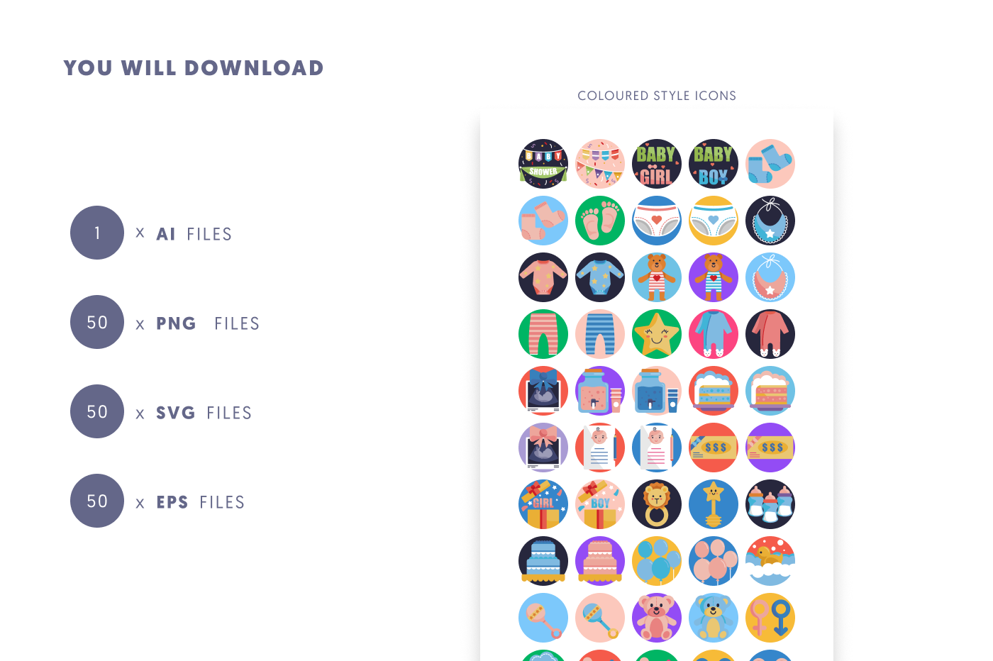 50 Baby Shower Icons preview 9 – flat circle icons in PNG, SVG and EPS