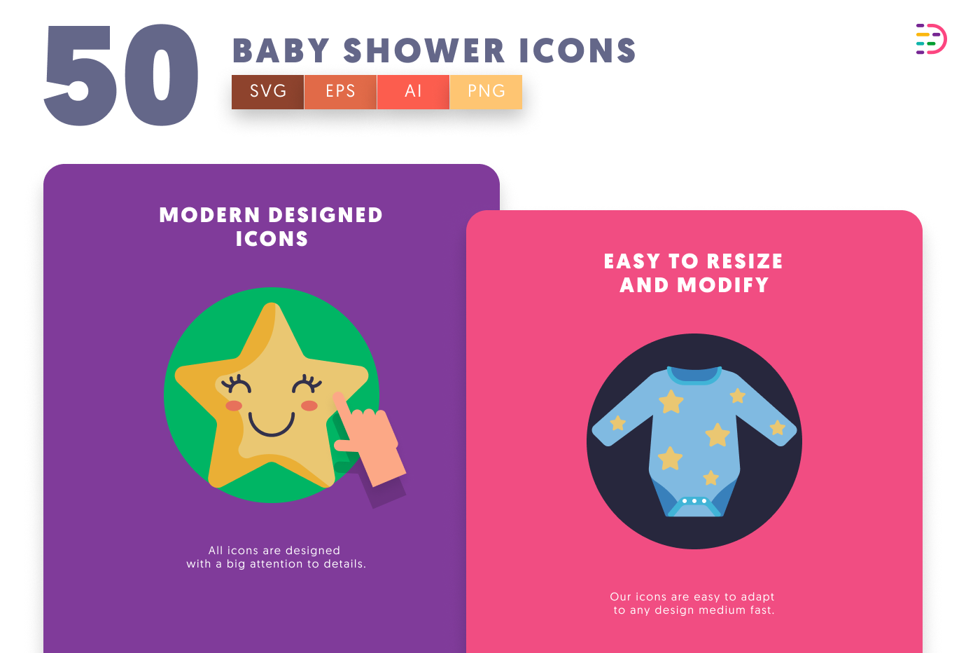 50 Baby Shower Icons cover – flat circle icons in PNG, SVG and EPS