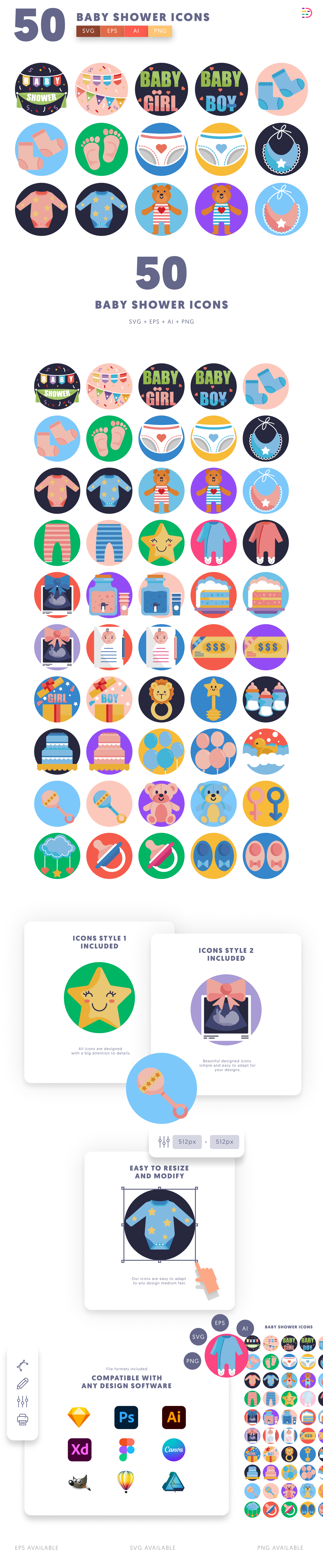 50 Baby Shower Icons cover – flat circle icons in PNG, SVG and EPS