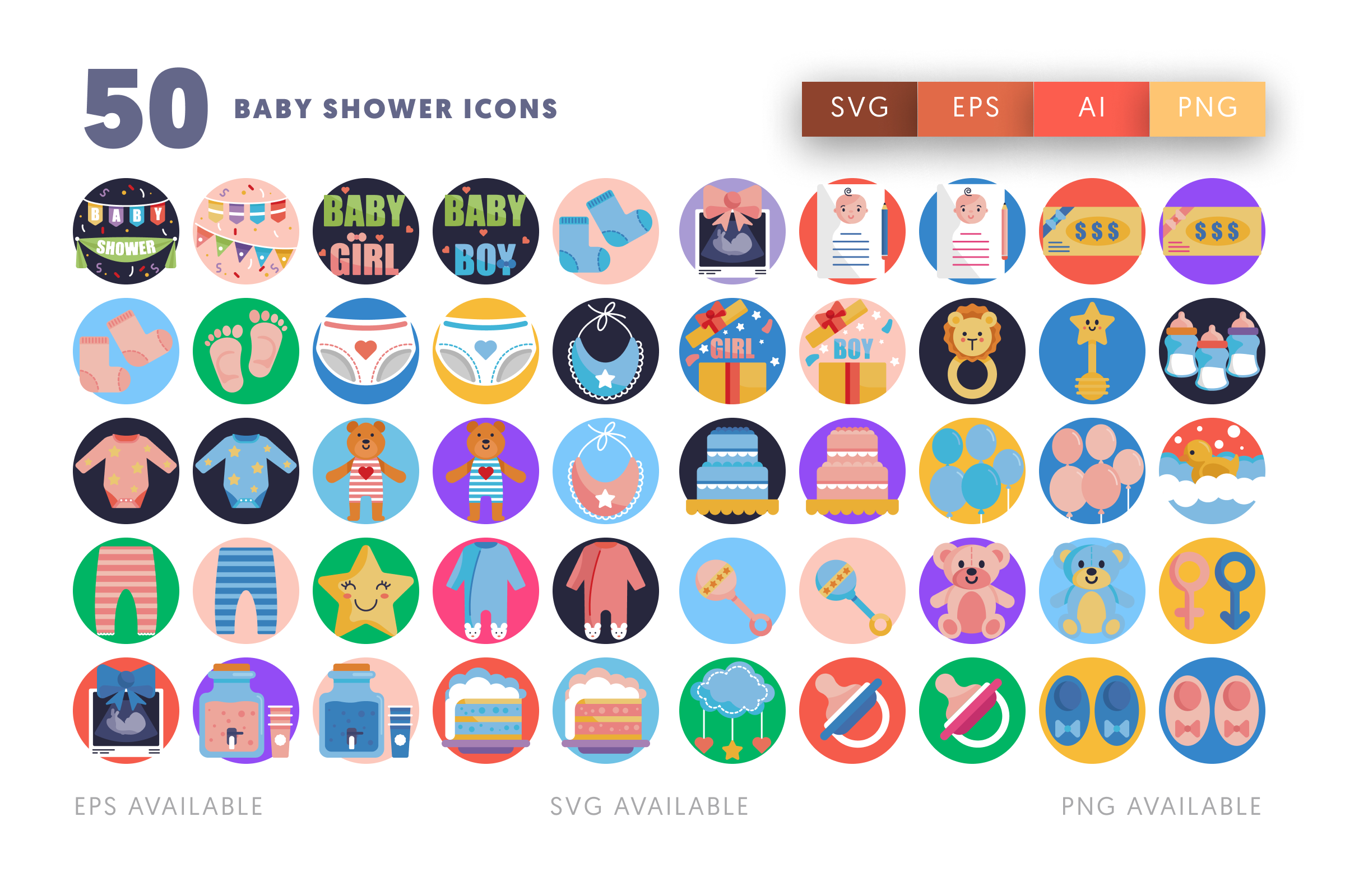 50 Baby Shower Icons – flat circle icon set