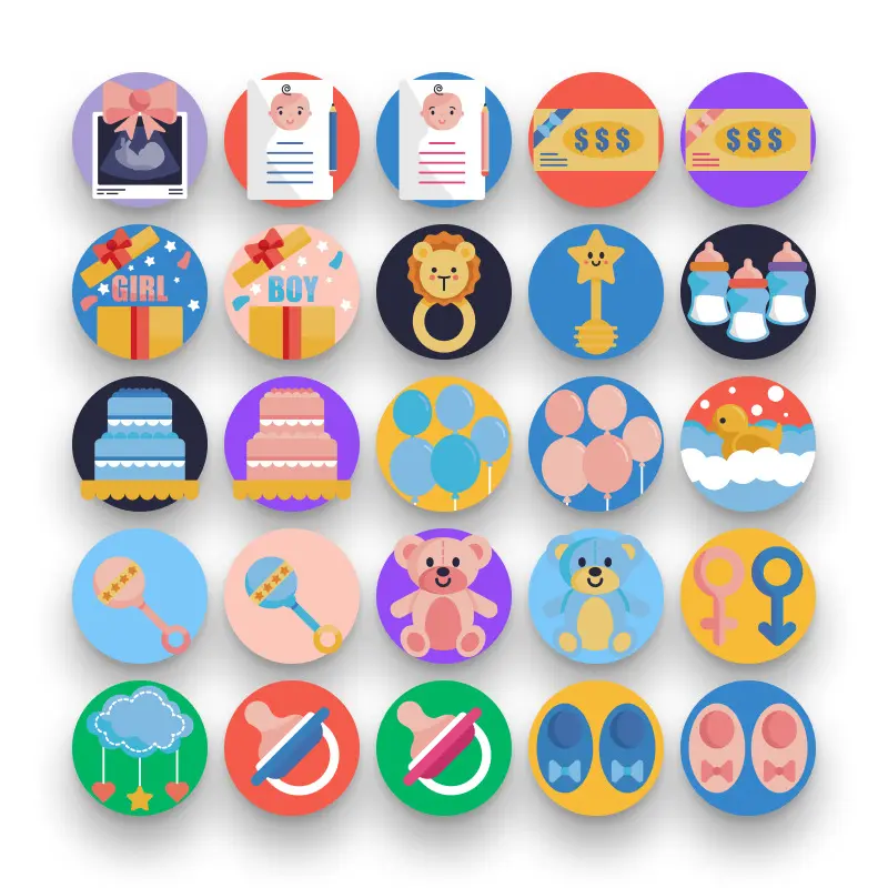 50 Baby Shower Icons – set of colorful flat circle icons