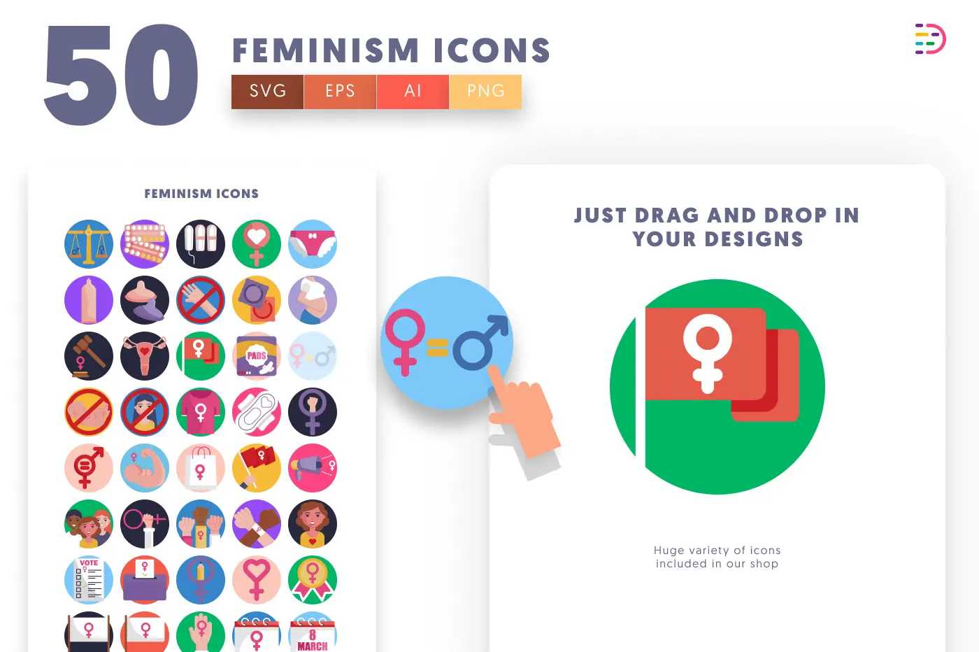 50 Feminism Icons preview 1 – flat circle icons in PNG, SVG and EPS