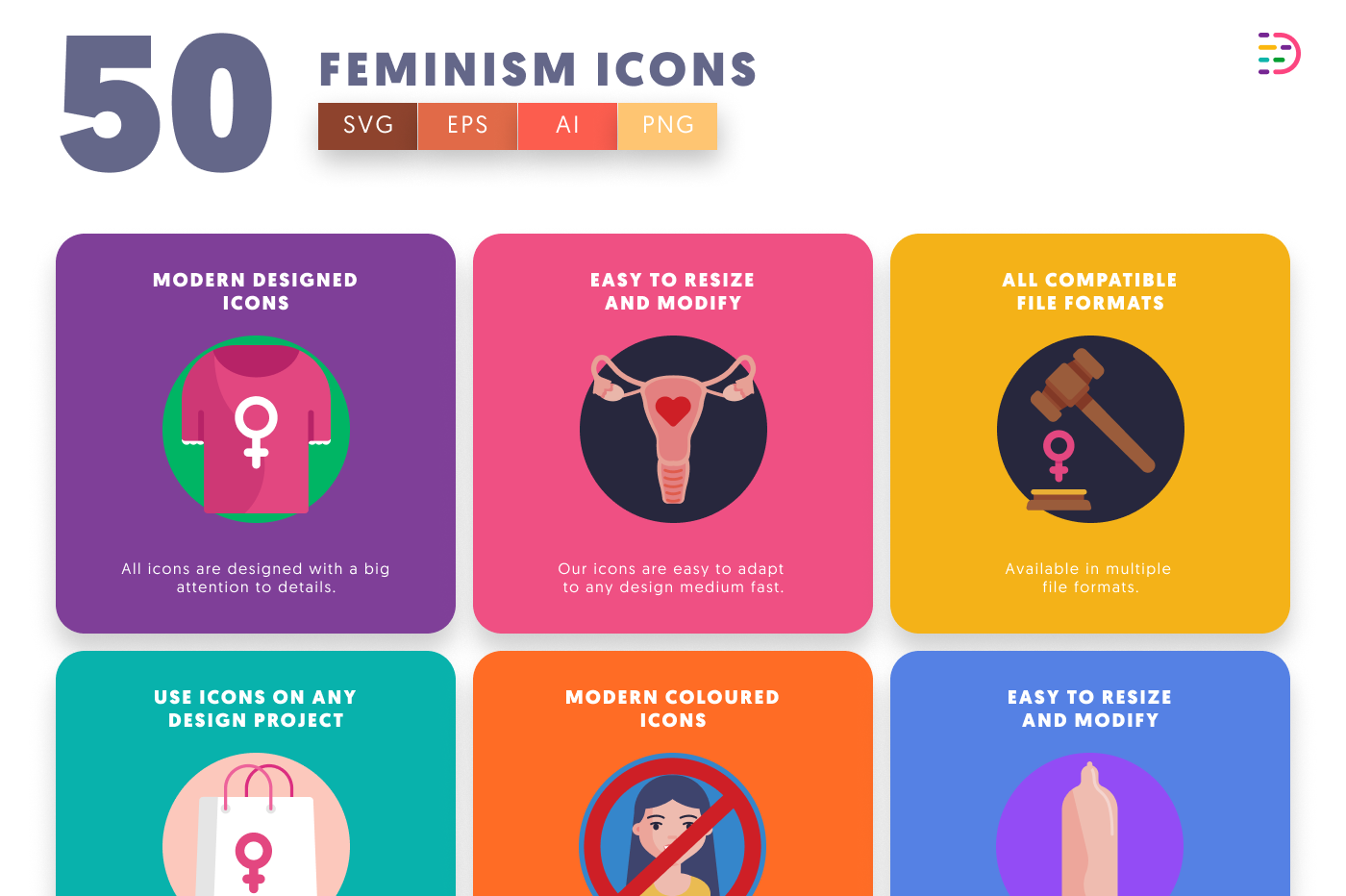 50 Feminism Icons preview 5 – flat circle icons in PNG, SVG and EPS