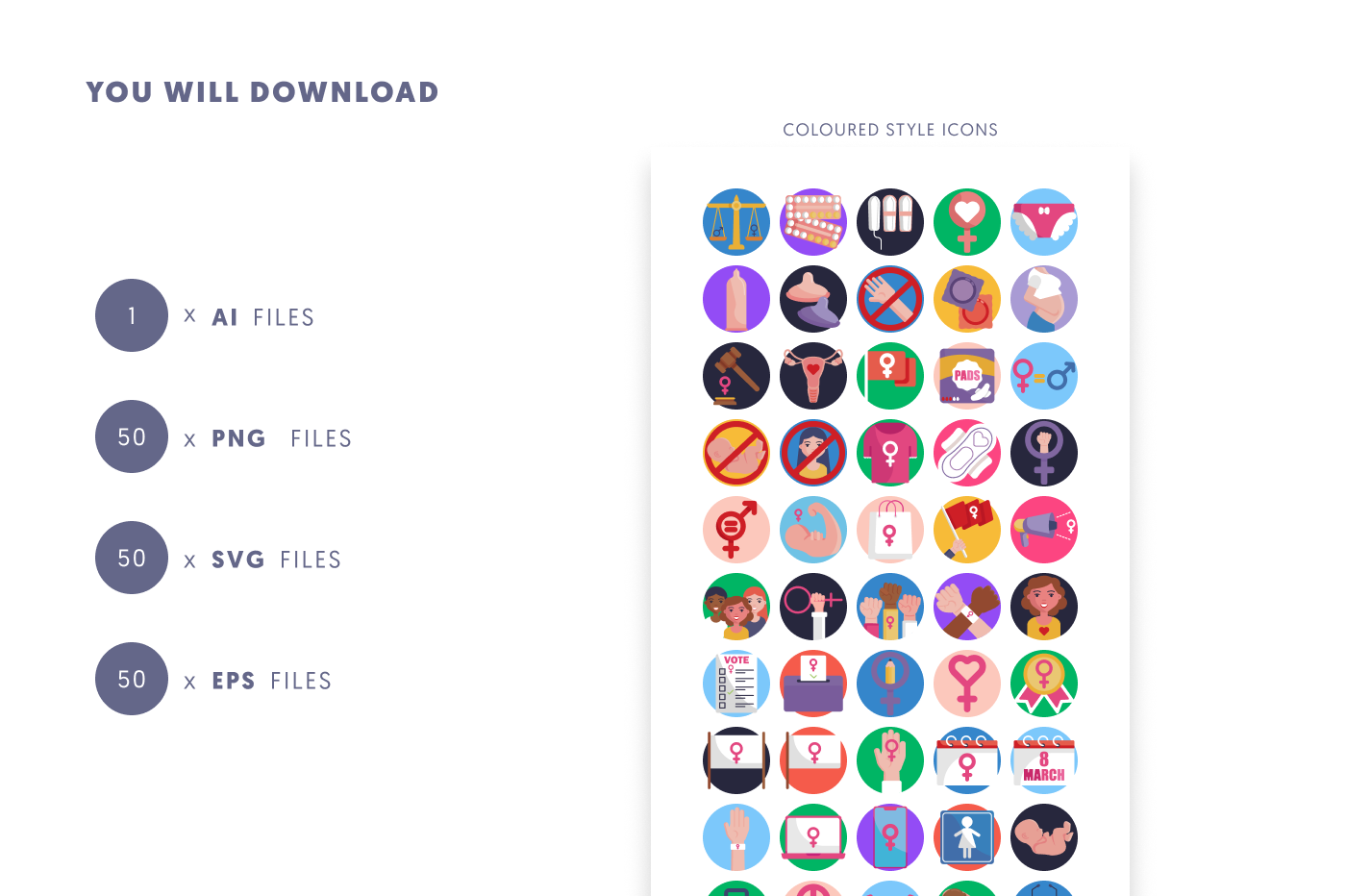 50 Feminism Icons preview 9 – flat circle icons in PNG, SVG and EPS