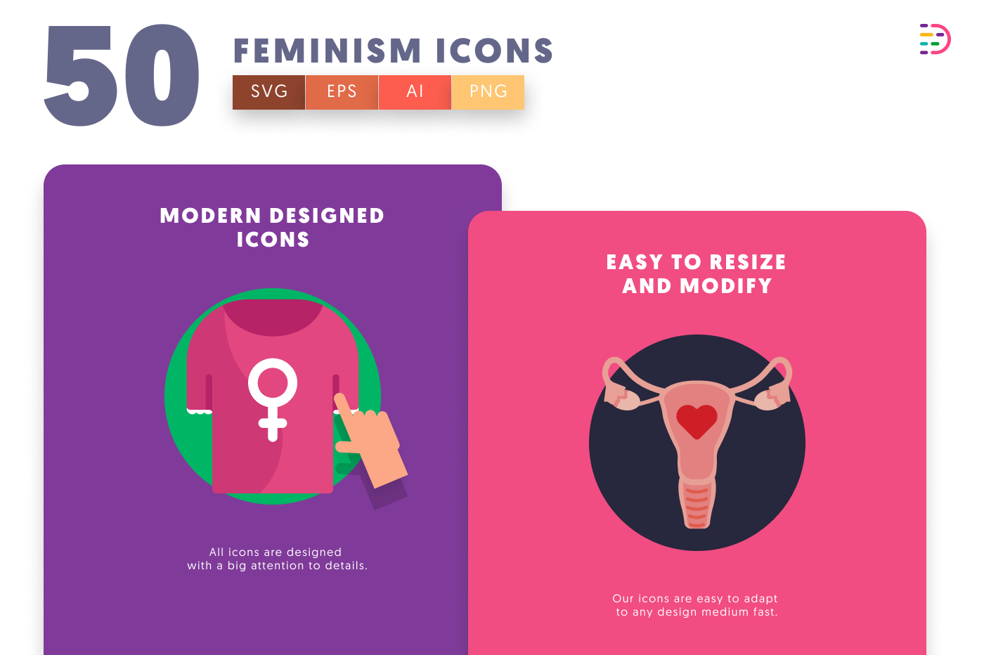 50 Feminism Icons cover – flat circle icons in PNG, SVG and EPS