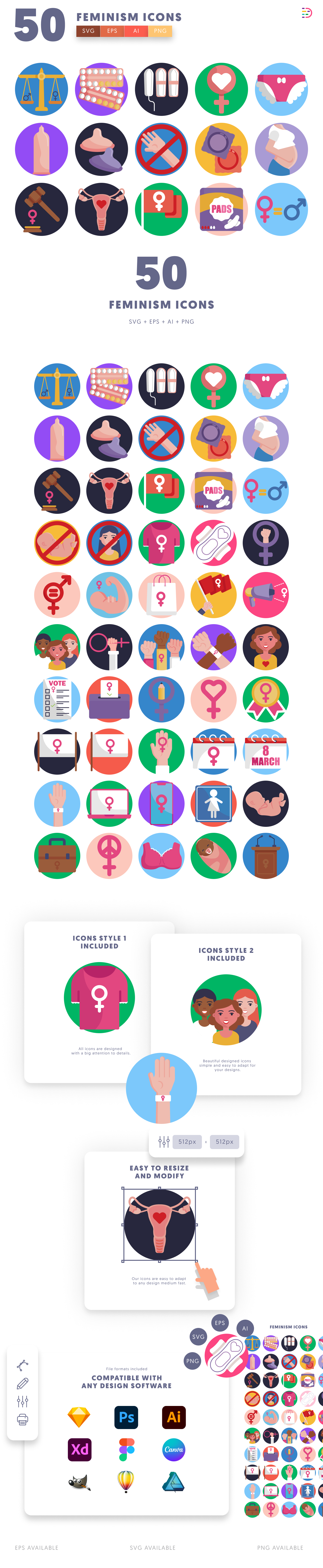 50 Feminism Icons cover – flat circle icons in PNG, SVG and EPS