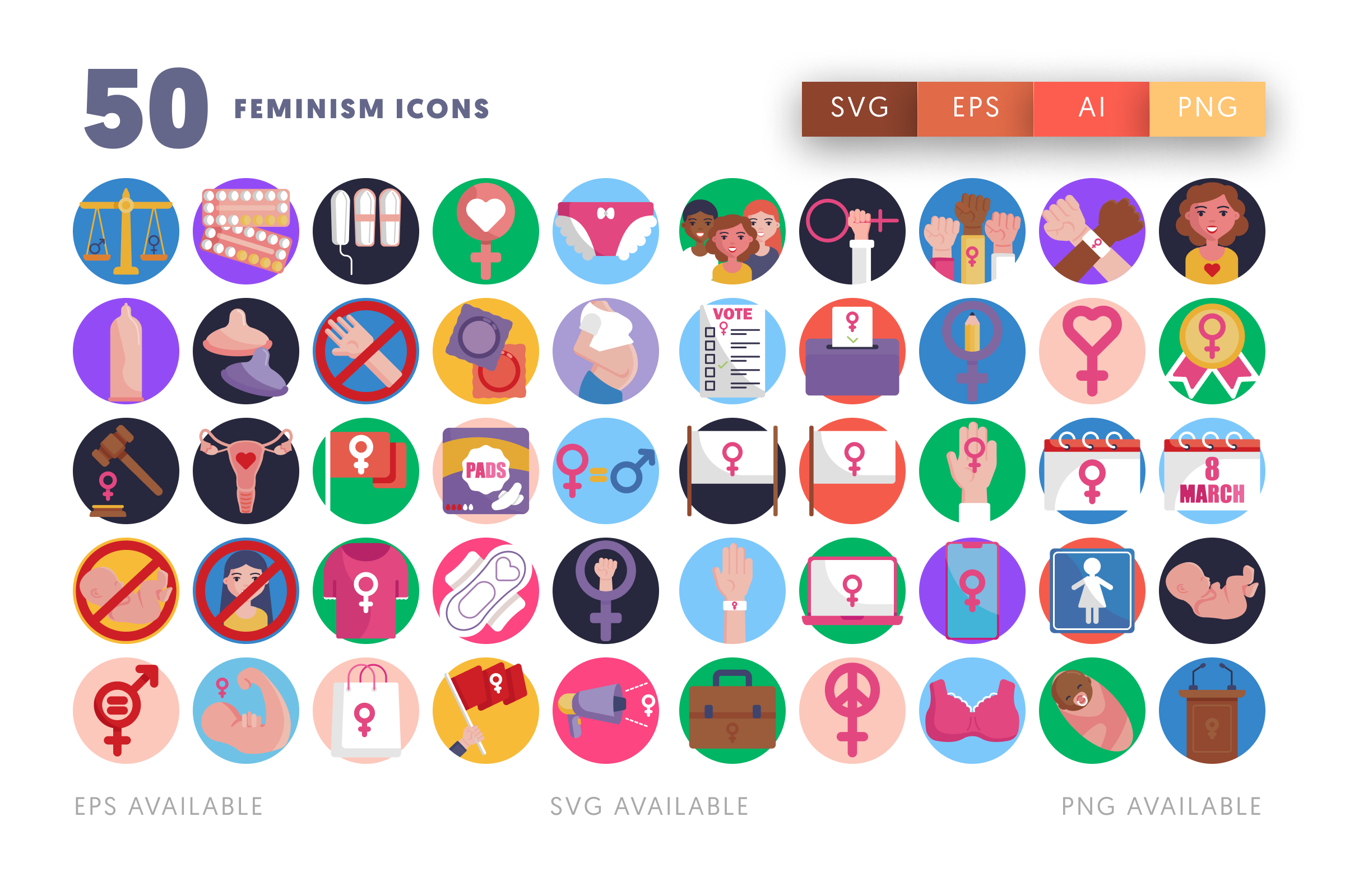50 Feminism Icons – flat circle icon set