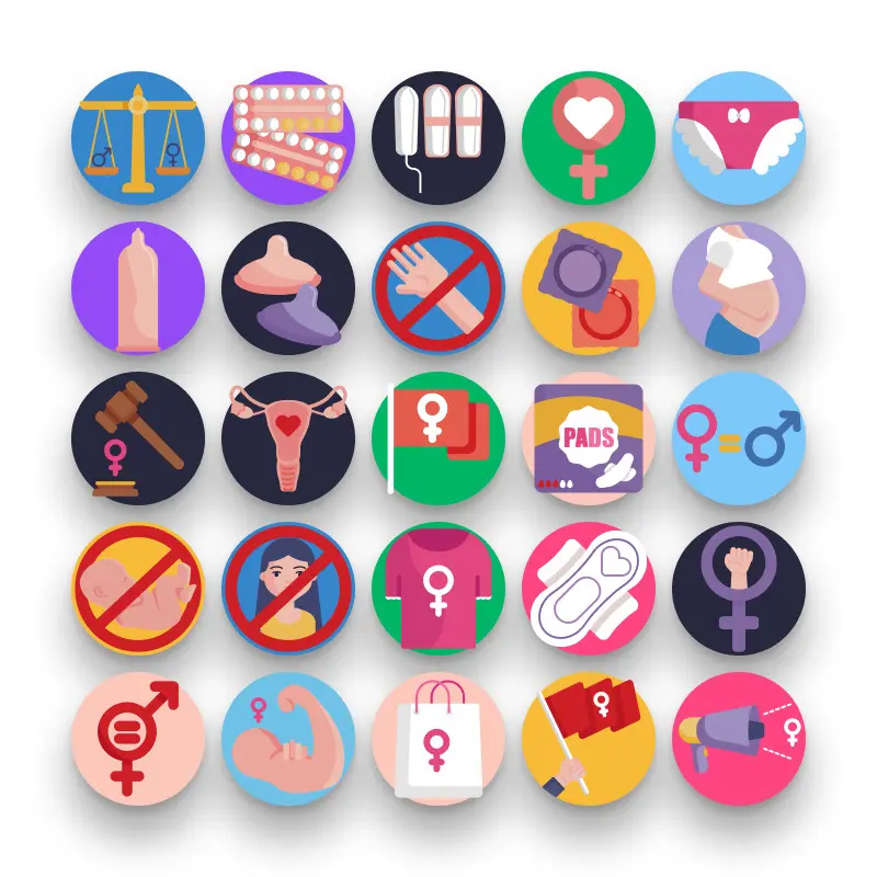 50 Feminism Icons – set of colorful flat circle icons