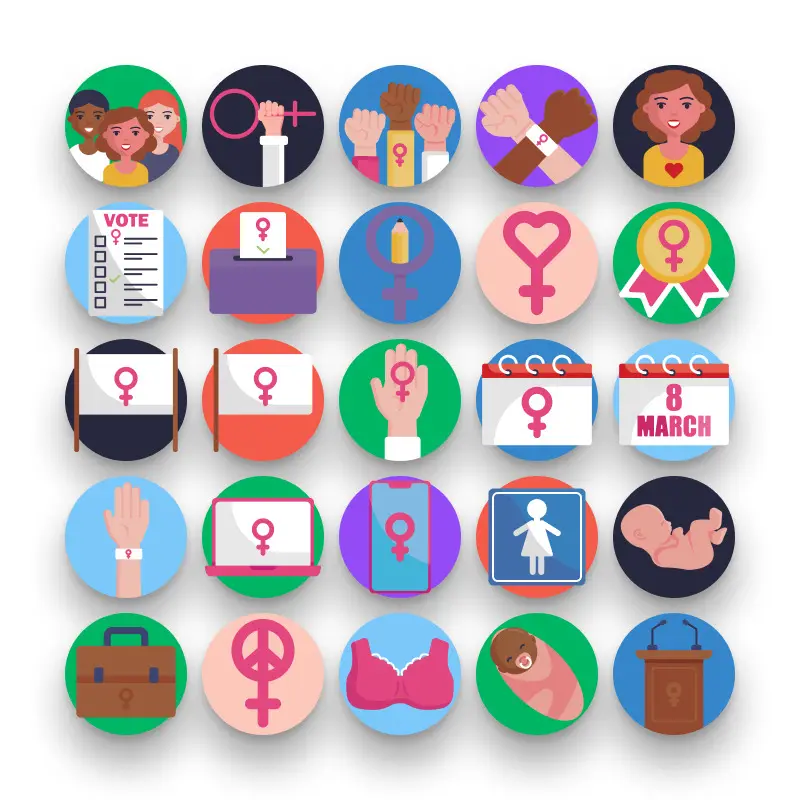 50 Feminism Icons – set of colorful flat circle icons